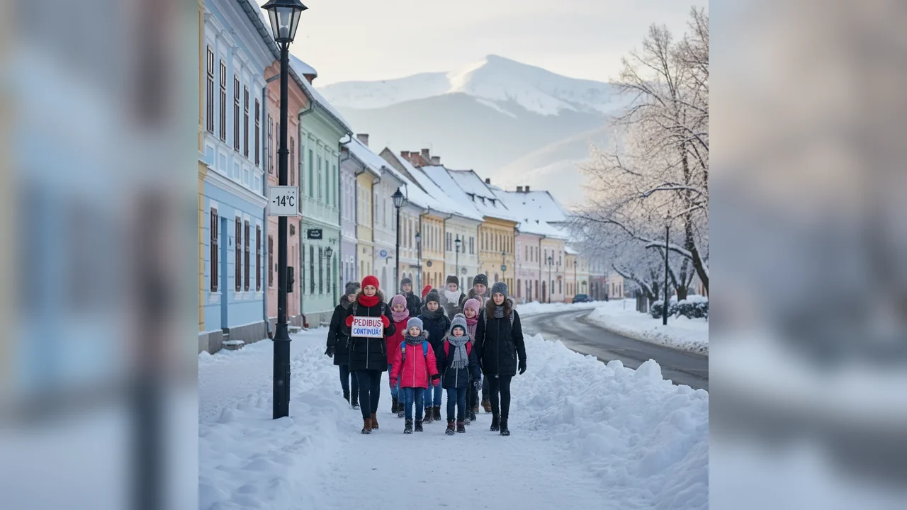 Pedibus continuă la Sfântu Gheorghe la temperaturi de –14°C, cu zeci de copii pe trasee pietonale